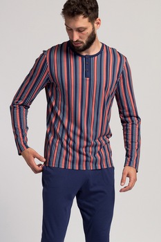 Sofiaman, Pijama din amestec de modal cu pantaloni cu model, Bleumarin/Oranj mandarina, S Sofiaman, Pijama din amestec de modal cu pantaloni cu model, Bleumarin/Oranj mandarina, S