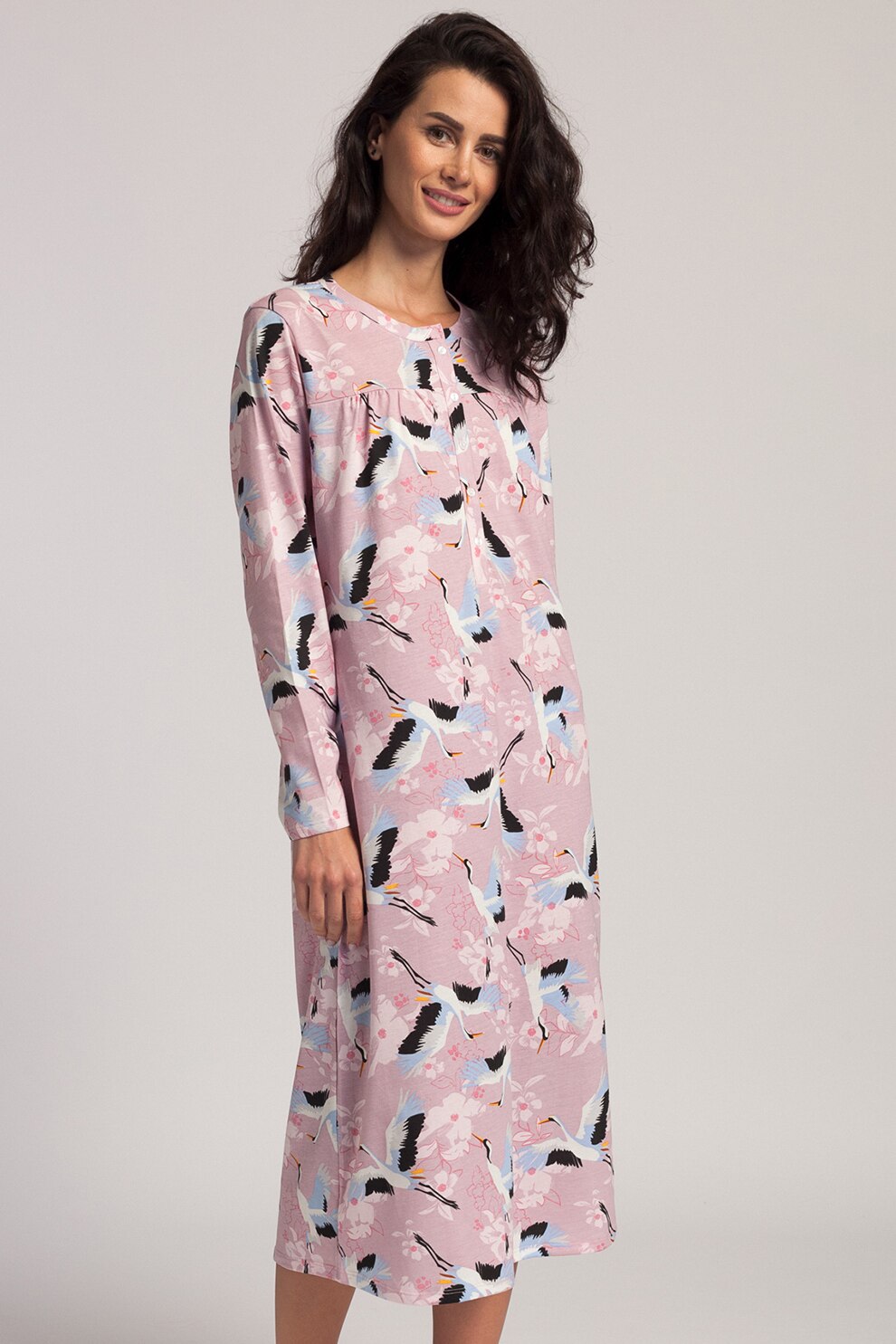 Sofiaman, Camasa de noapte, din bumbac, cu model grafic, roz pastel, negru, albastru lavanda, M