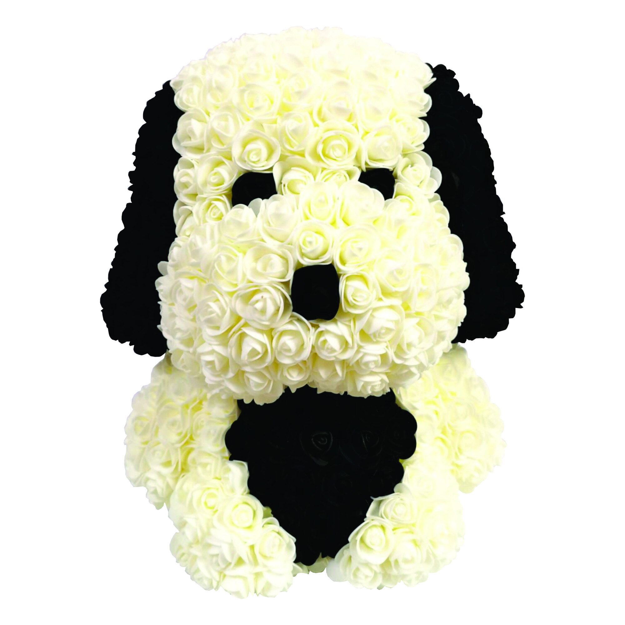 Aranjament in forma de Caine din Trandafiri de spuma, Decorat manual, inaltime 40 cm, Cutie Transparenta