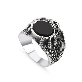Inel argint handmade cu vultur, agat VERDE si marcasite 15895 Inel argint handmade cu vultur, agat VERDE si marcasite 15895