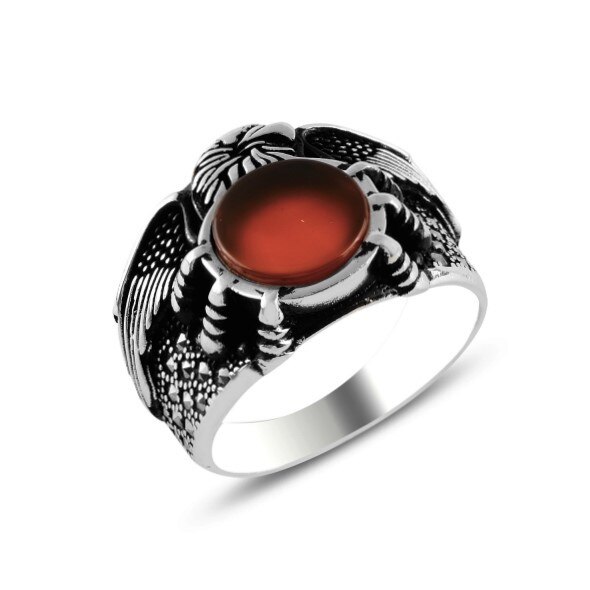 Inel argint handmade cu vultur, agat ROSU si marcasite 15671