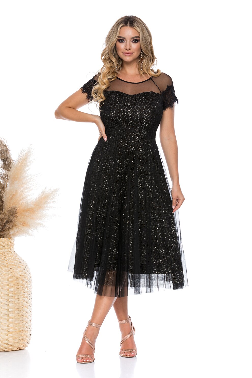 BAROCCA, Rochie evazata stralucitoare cu strat exterior de tul, Negru