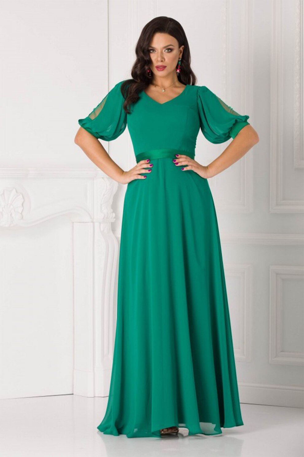 BAROCCA, Rochie midi evazata cu decolteu in V, Verde