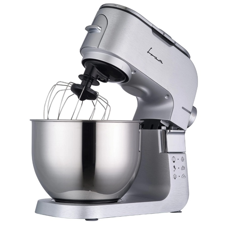 Mixer planetar cu bol FRAM FPM-K1500M, 1500W, bol inox 6L, 6 viteze + functie Pulse, angrenaj complet metalic, accesorii, tel, paleta si carlig, argintiu