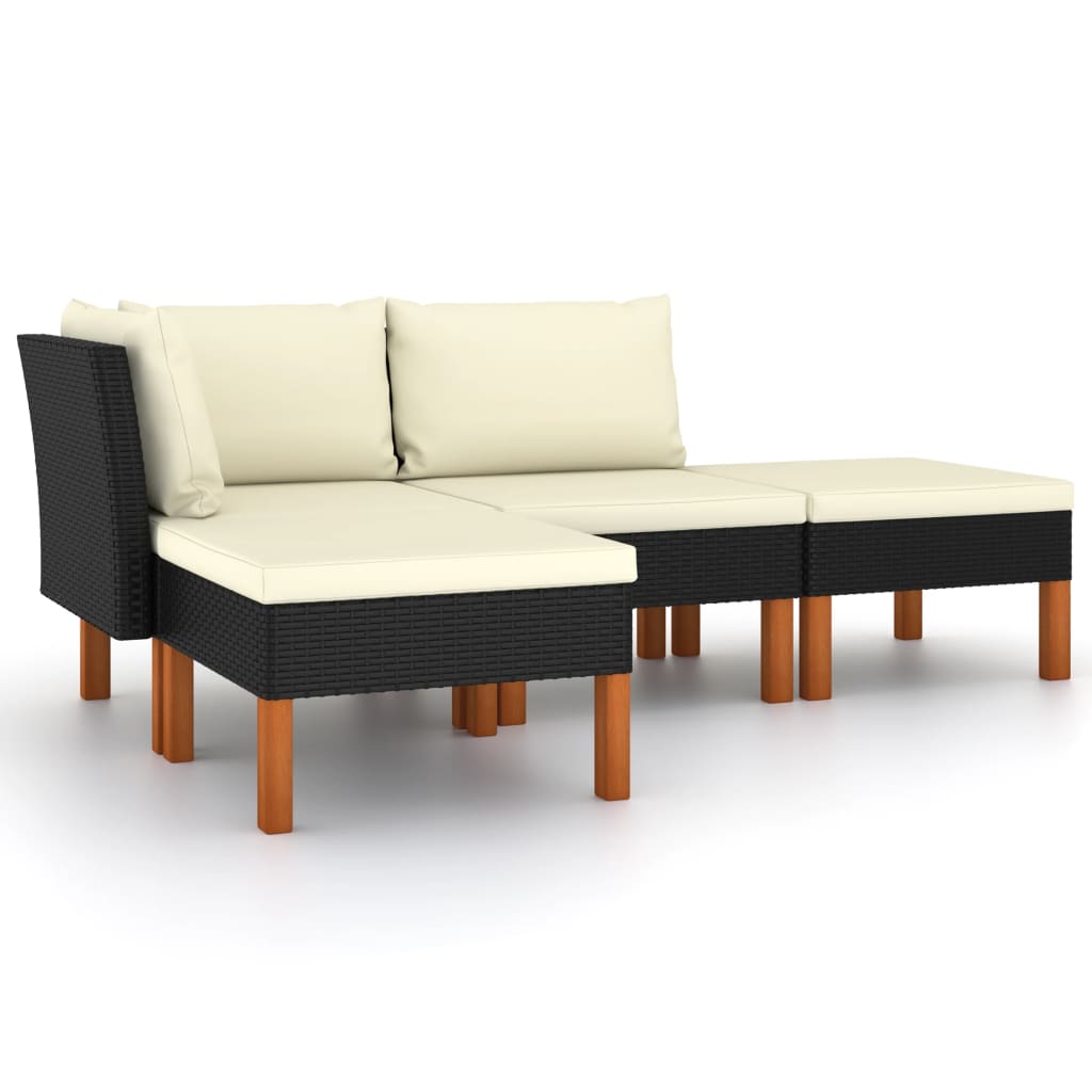 Set mobilier de gradina cu 1 canapea de colt, 1 canapea de mijloc si 2 tabureti cu perne vidaXL, Poliratan, Negru/Crem