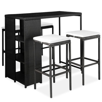 Set mobilier tip bar pentru gradina cu 1 masa si 4 scaune inalte cu perne, vidaXL, Poliratan, 120 x 60 x 110 cm, Negru Set mobilier tip bar pentru gradina cu 1 masa si 4 scaune inalte cu perne, vidaXL, Poliratan, 120 x 60 x 110 cm, Negru