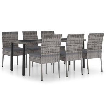 Set masa de gradina cu blat din sticla cu 6 scaune cu perne incluse, vidaXL, Poliratan, 180 x 70 x 73 cm, Gri Set masa de gradina cu blat din sticla cu 6 scaune cu perne incluse, vidaXL, Poliratan, 180 x 70 x 73 cm, Gri