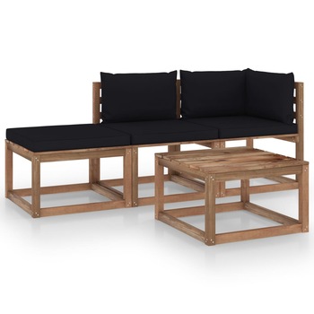 Set mobilier de gradina cu 2 canapele si 2 mese/taburet cu perne incluse vidaXL, Lemn, Maro/Negru