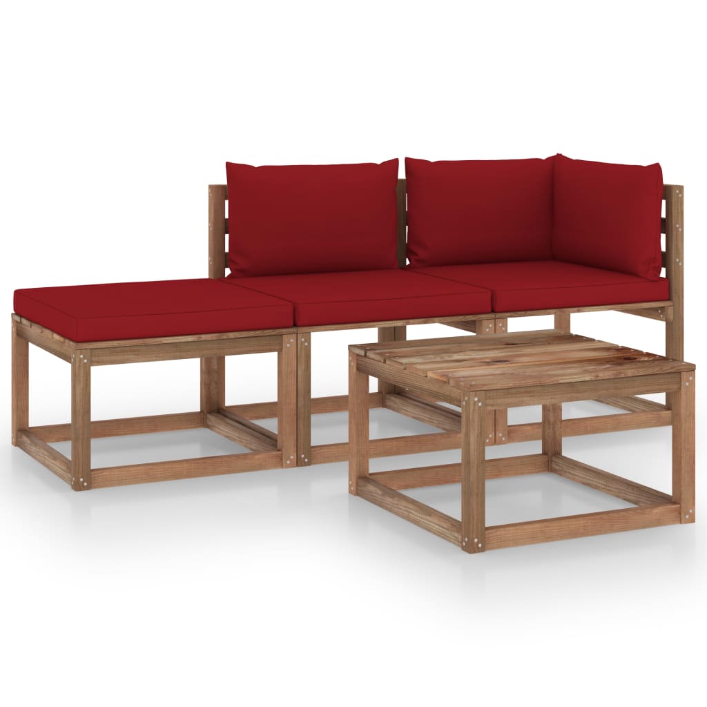 Set mobilier de gradina cu 2 canapele si 2 mese/taburet cu perne incluse vidaXL, Lemn, Maro/Rosu vin