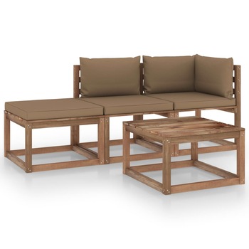 Set mobilier de gradina cu 2 canapele si 2 mese/taburet cu perne incluse vidaXL, Lemn, Maro/Gri taupe