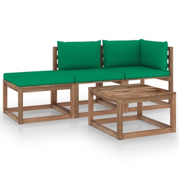 Set mobilier de gradina cu 2 canapele si 2 mese/taburet cu perne incluse vidaXL, Lemn, Maro/Verde