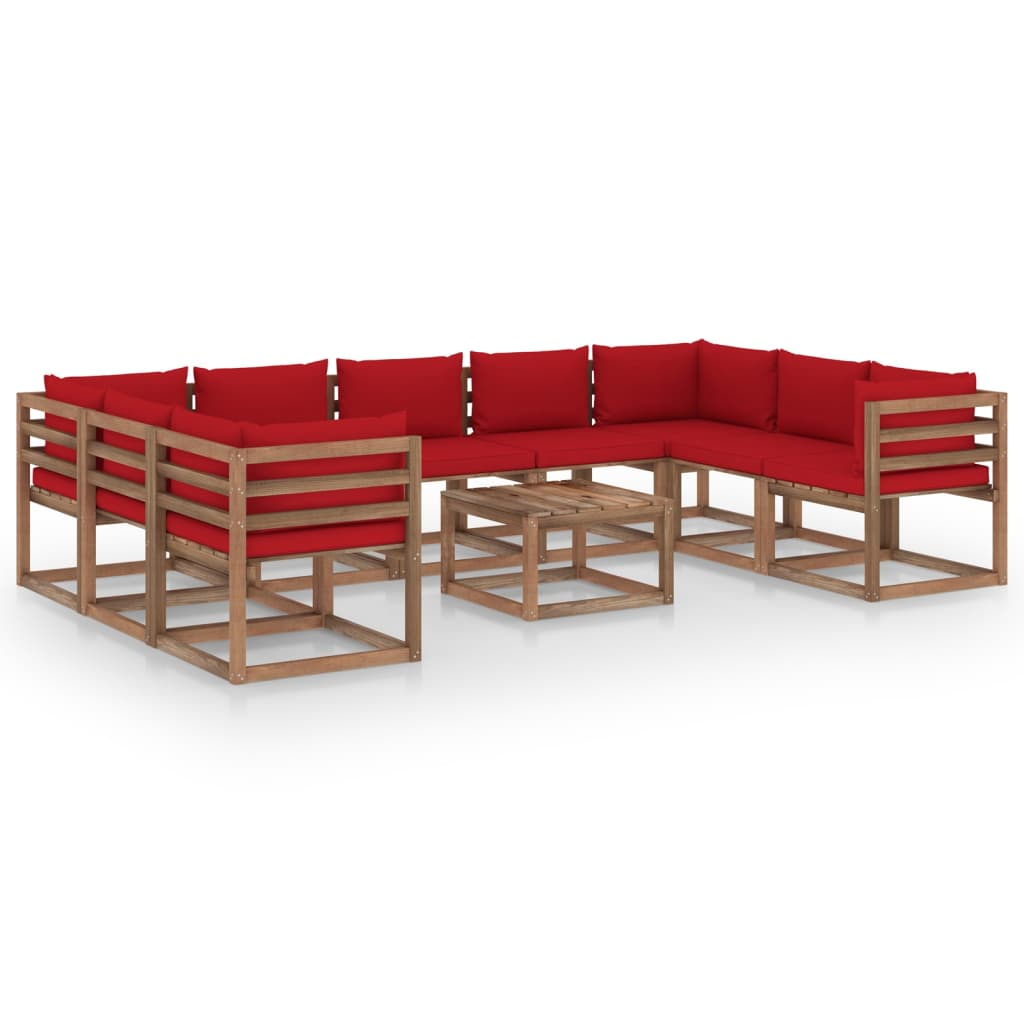 Set mobilier de gradina, 10 piese, cu perne rosii