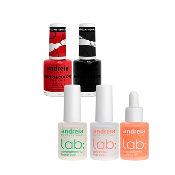 Pachet promo Andreia: Baza de unghii si tratament ,10.5 ml + Top Coat, 10.5 ml + Lac de unghii NutriColor rosu, 10.5 ml + Lac de unghii NutriColor negru, 10.5 ml + Ulei, 10.5 ml Pachet promo Andreia: Baza de unghii si tratament ,10.5 ml + Top Coat, 10.5 ml + Lac de unghii NutriColor rosu, 10.5 ml + Lac de unghii NutriColor negru, 10.5 ml + Ulei, 10.5 ml