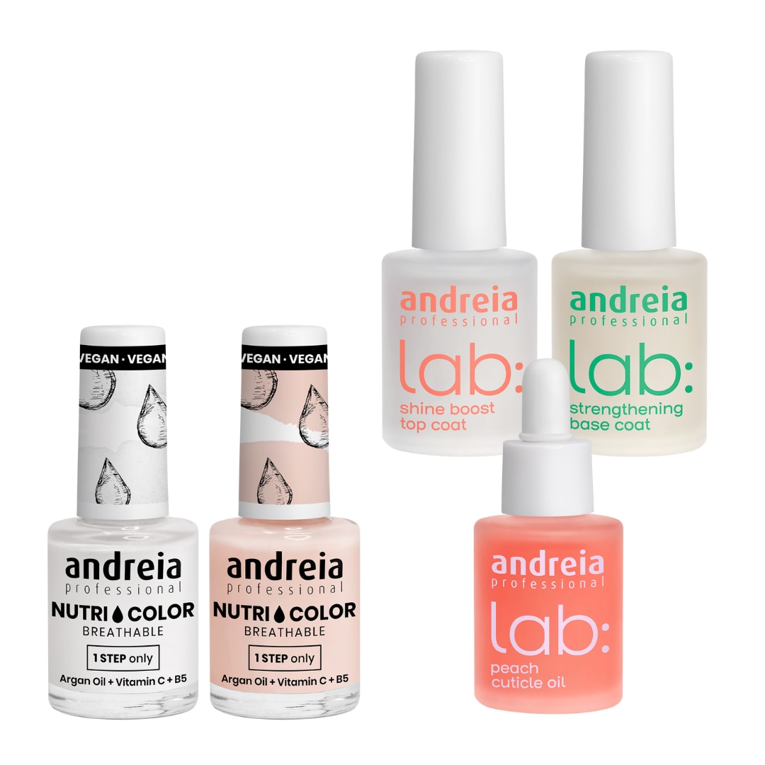 Pachet promo Andreia Parisian Style: Baza de unghii si Tratament, 10.5 ml + Top Coat Shine, 10.5 ml + Ulei Cuticule cu aroma de piersica, 10.5 ml + Lac de unghii NutriColor alb, 10.5 ml + Lac de unghii NutriColor nuanta nude, 10.5 ml