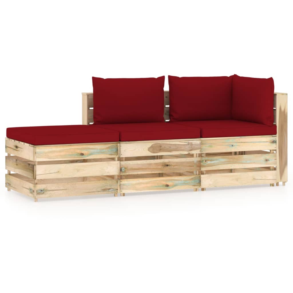 Set mobilier gradina 3 piese canapea cu taburet/masuta cu perne, vidaXL, Lemn de pin, Maro/Perne rosu bordo
