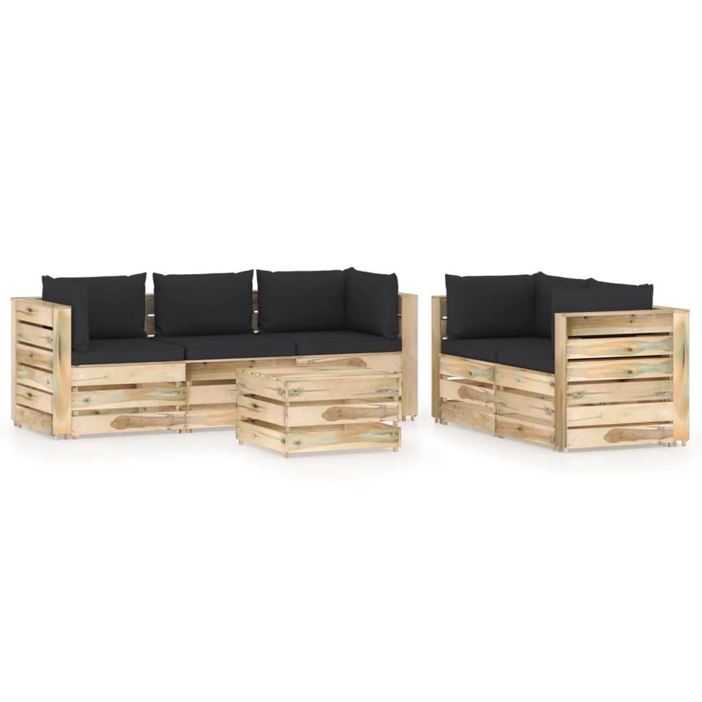 Set mobilier de gradina 6 piese canapele cu masuta/taburet cu perne, vidaXL, Lemn de pin, Maro/Perne negru