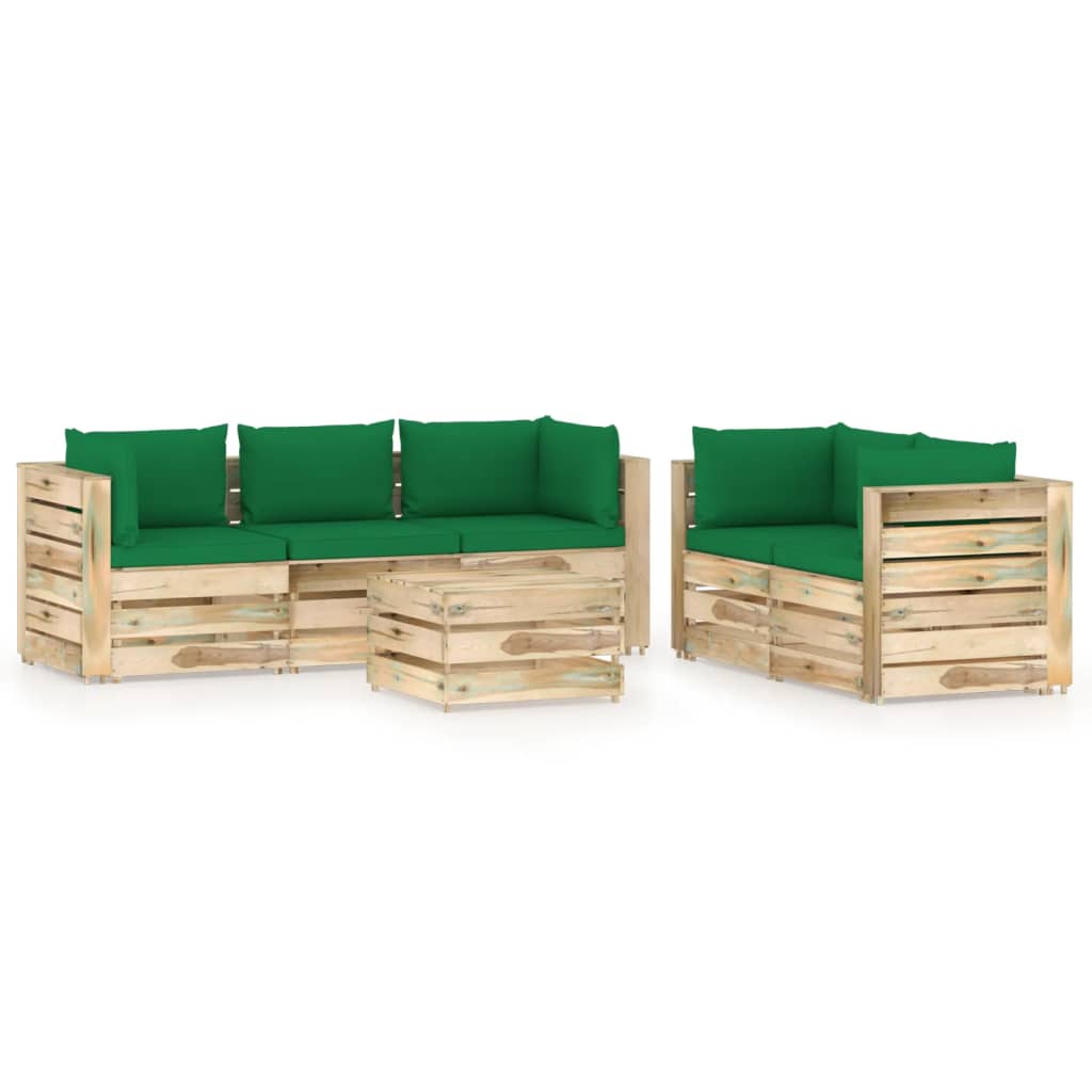 Set mobilier de gradina 6 piese canapele cu masuta/taburet cu perne, vidaXL, Lemn de pin, Maro/Perne verde