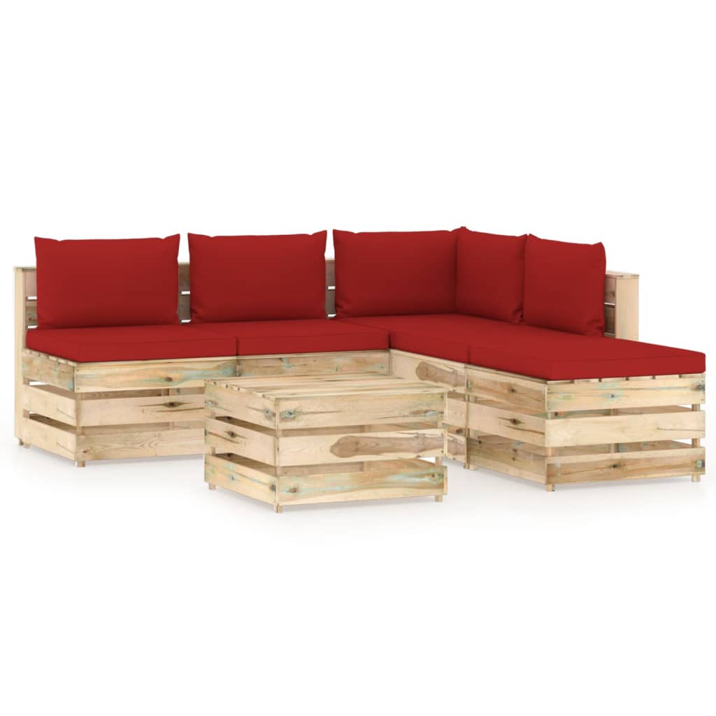 Set mobilier gradina 6 piese canapea L cu masuta cafea si perne, vidaXL, Lemn de pin, Maro-Perne rosu