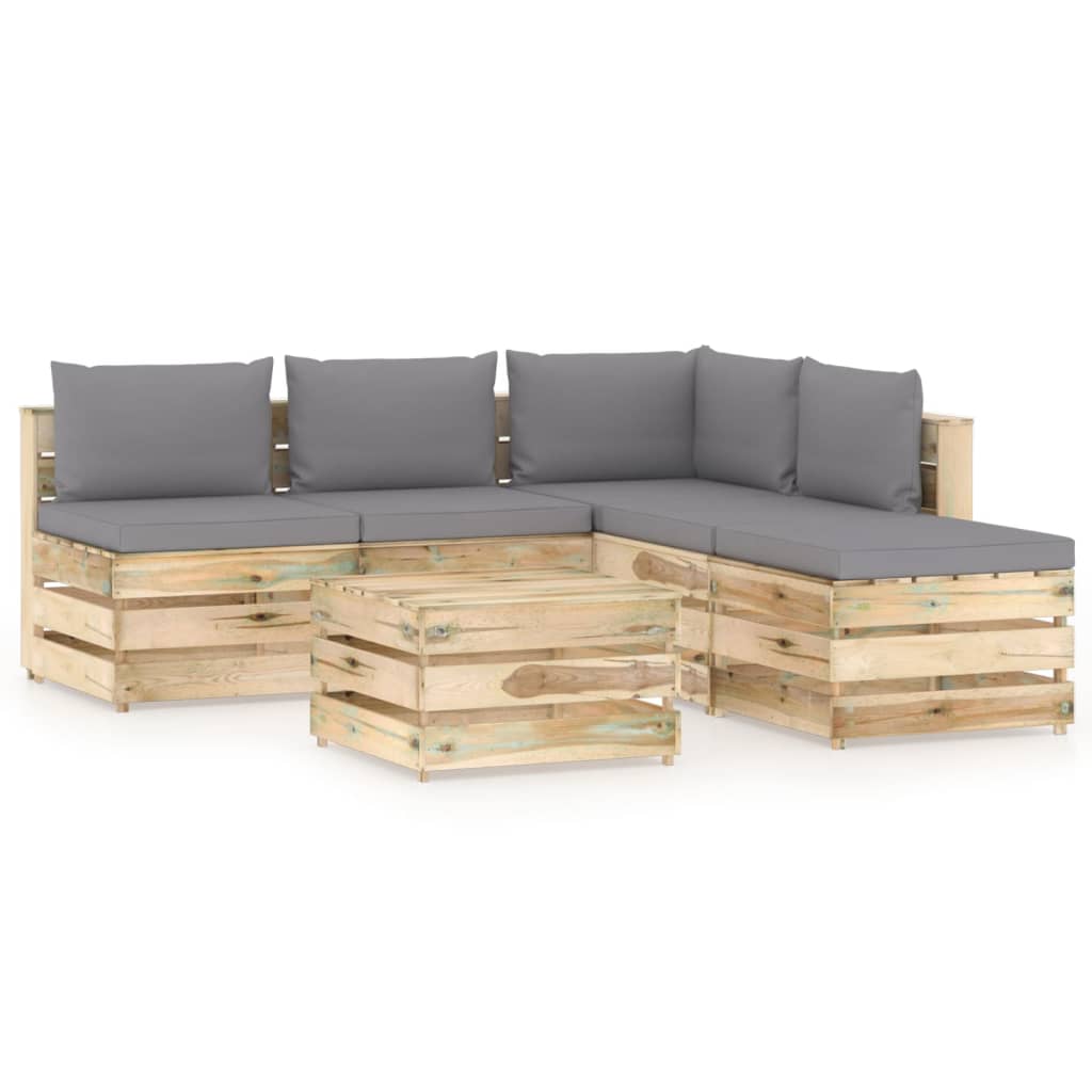 Set mobilier gradina 6 piese canapea L cu masuta cafea si perne, vidaXL, Lemn de pin, Maro-Perne gri