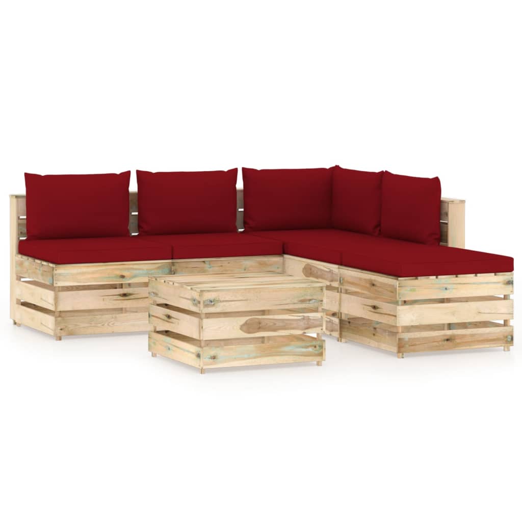 Set mobilier gradina 6 piese canapea L cu masuta cafea si perne, vidaXL, Lemn de pin, Maro-Perne rosu bordo