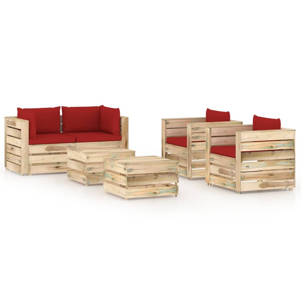 Set mobilier de gradina 6 piese canapea si fotolii cu taburet/masuta, vidaXL, Lemn de pin tratat, Maro-perne rosu