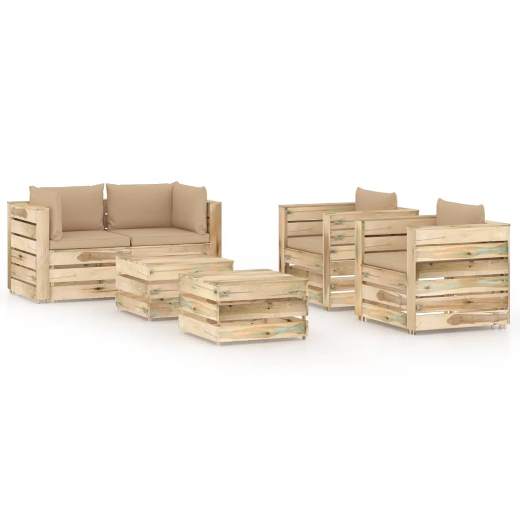 Set mobilier de gradina 6 piese canapea si fotolii cu taburet/masuta, vidaXL, Lemn de pin tratat, Maro-perne bej