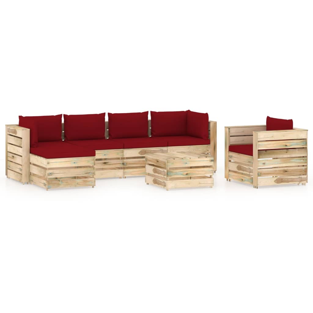 Set mobilier gradina 7 piese canapea L cu taburet si masuta cafea, vidaXL, Lemn de pin verde tratat, Maro-Perne rosu bordo