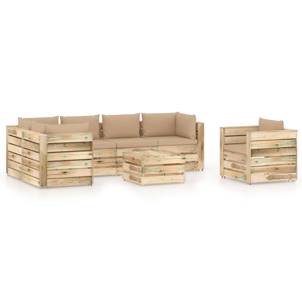 Set mobilier gradina 7 piese canapea L cu taburet si masuta cafea, vidaXL, Lemn pin verde tratat, Maro-Perne bej