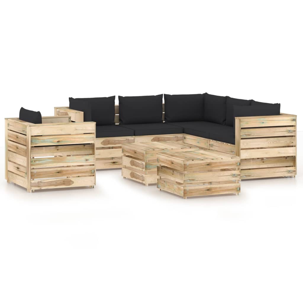 Set mobilier gradina 8 piese canapea L cu fotoliu si 2 masute cafea/tabureti, vidaXL, Lemn pin verde tratat, Maro-Perne negru