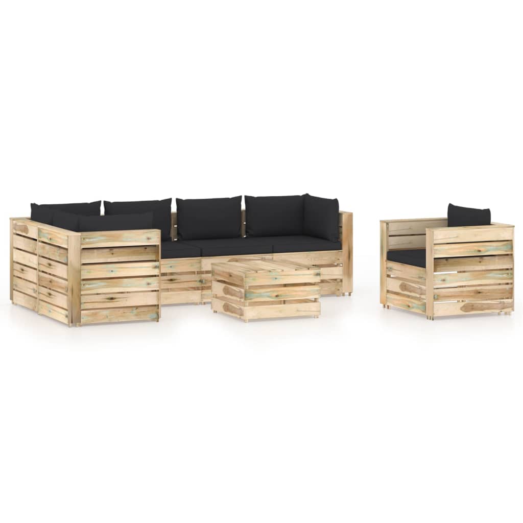 Set mobilier gradina 7 piese canapea L cu taburet si masuta cafea, vidaXL, Lemn pin verde tratat, Maro-Perne negru