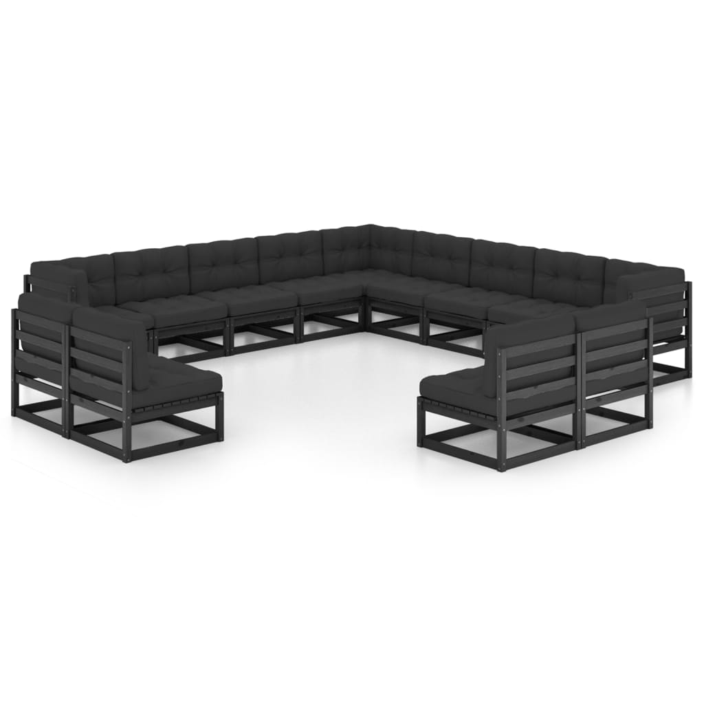 Set mobilier gradina cu perne, 13 piese, negru, lemn masiv pin