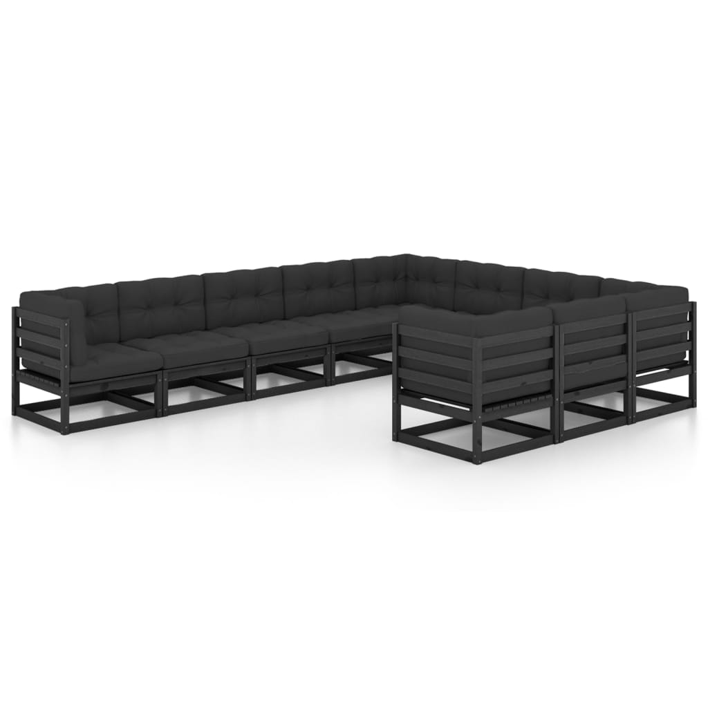 Set mobilier gradina cu perne, 10 piese, negru, lemn masiv pin