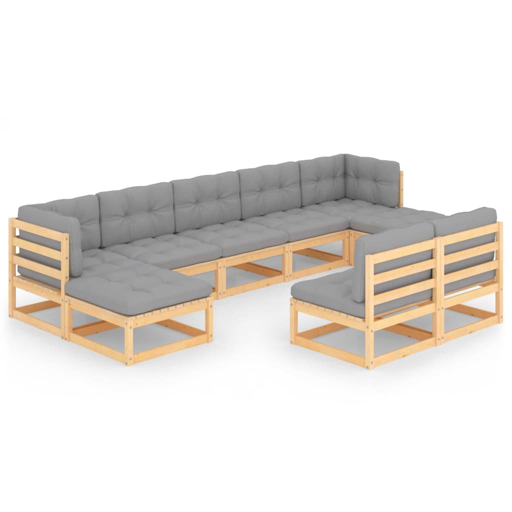 Set mobilier de gradina cu 2 canapele de colt, 5 canapele de mijloc si 2 tabureti cu perne vidaXL, Lemn, Maro/Gri deschis