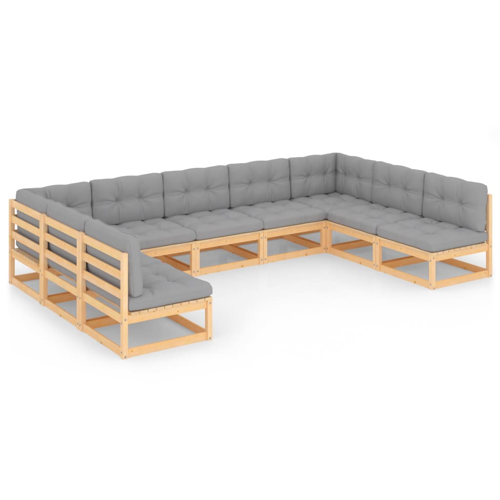 Set mobilier de gradina cu 2 canapele de colt si 7 canapele de mijloc cu perne vidaXL, Lemn, Maro/Gri deschis