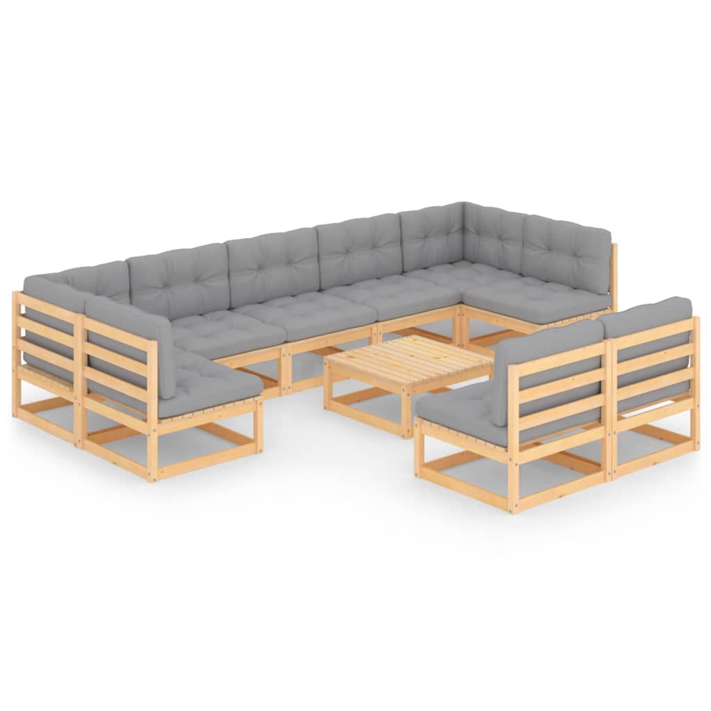 Set mobilier de gradina cu 7 canapele de mijloc, 2 canapele de colt cu perne si 1 masa vidaXL, Lemn, Maro/Gri deschis