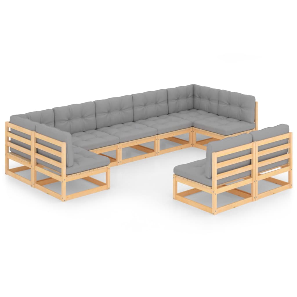 Set mobilier de gradina cu 7 canapele de mijloc si 2 canapele de colt cu perne vidaXL, Lemn, Maro/Gri deschis