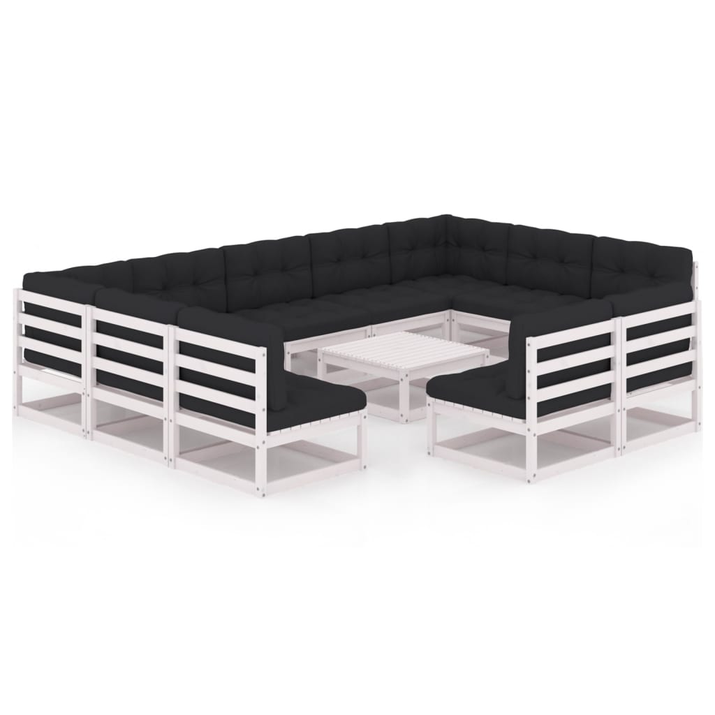 Set mobilier de gradina cu 9 canapele de mijloc, 2 canapele de colt cu perne si 1 masa vidaXL, Lemn, Alb/Antracit