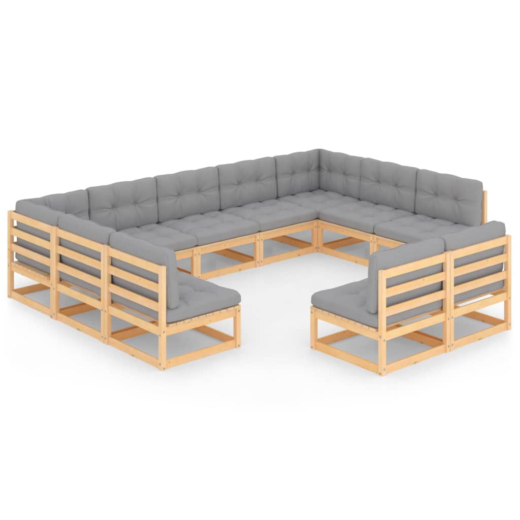 Set mobilier de gradina cu 9 canapele de mijloc si 2 canapele de colt cu perne vidaXL, Lemn, Maro/Gri deschis