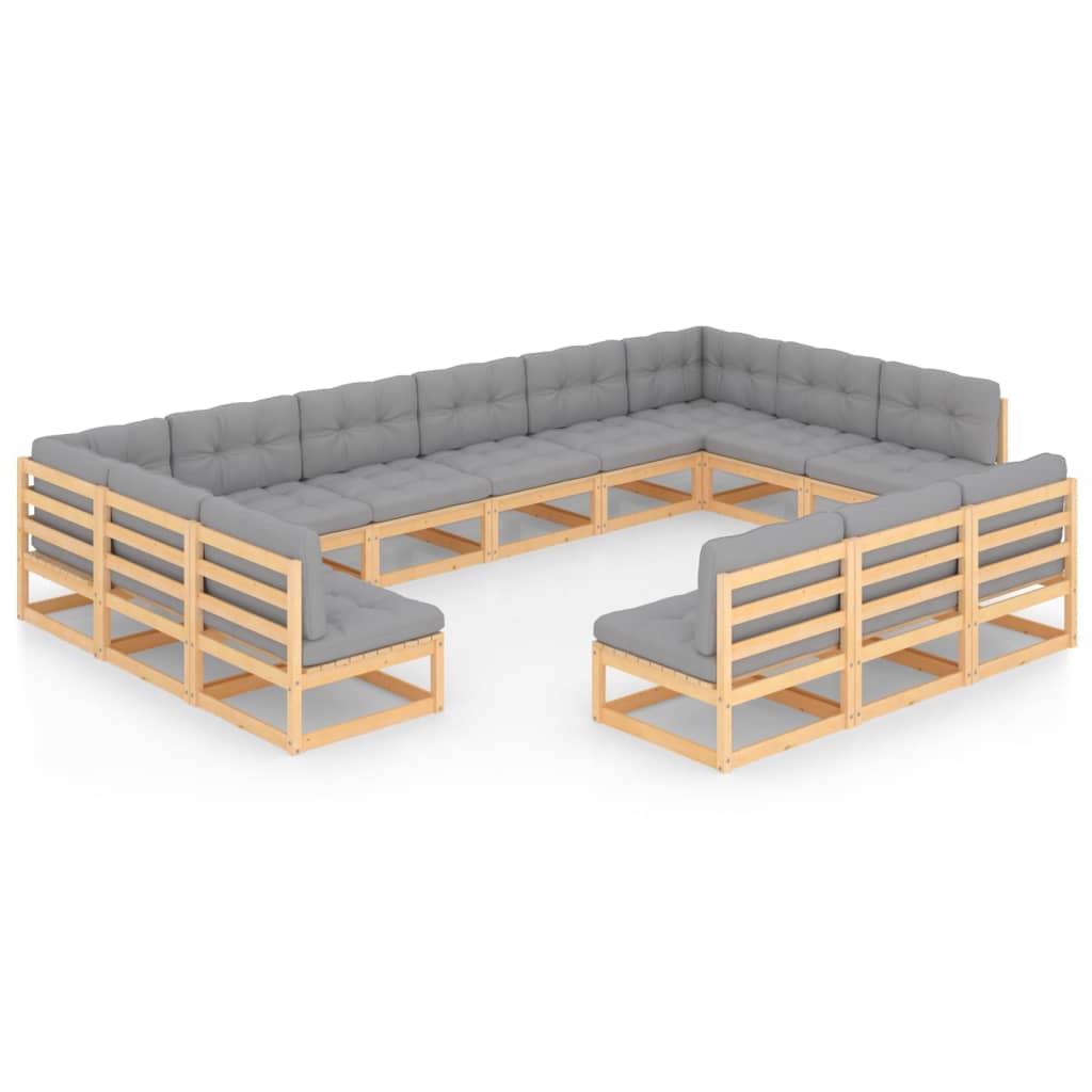 Set mobilier de gradina cu 11 canapele de mijloc si 2 canapele de colt cu perne vidaXL, Lemn, Maro/Gri deschis