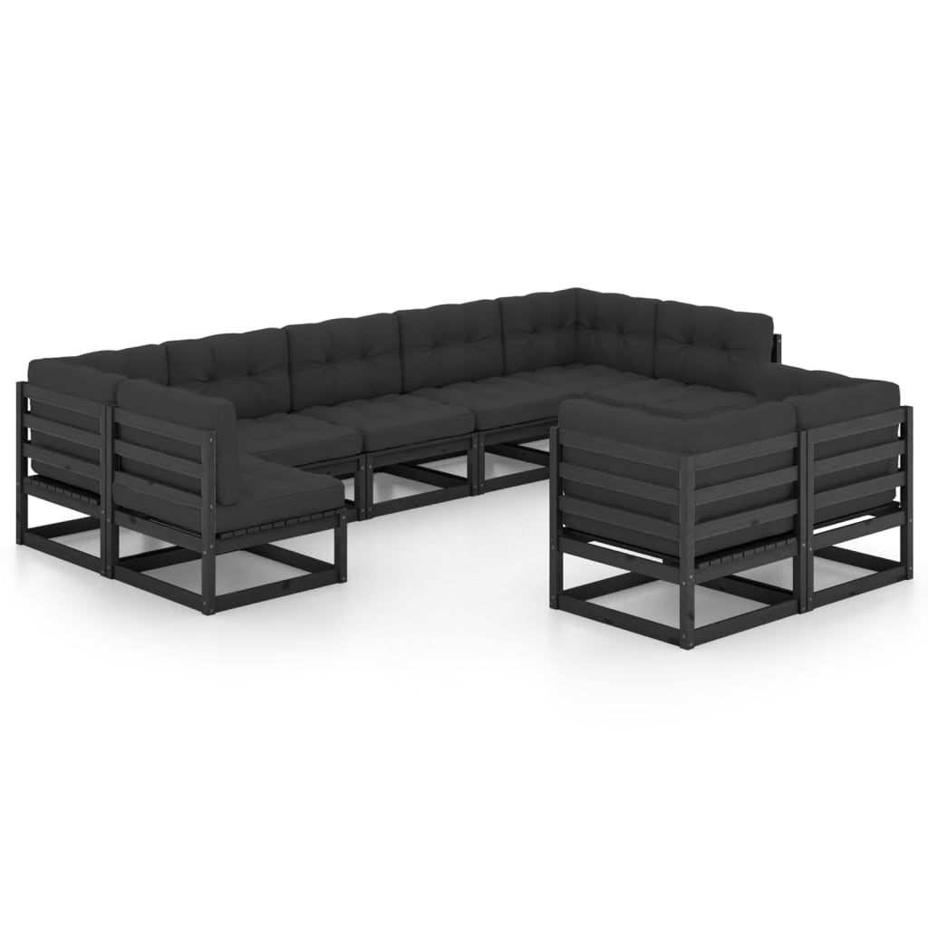 Set mobilier gradina cu perne, 9 piese, negru, lemn masiv pin