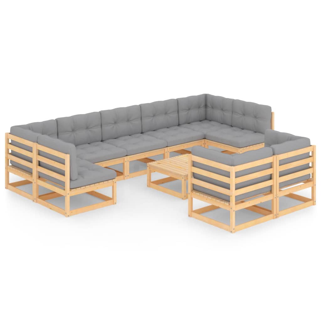 Set mobilier de gradina cu 5 canapele de mijloc, 4 canapele de colt cu perne si 1 masa vidaXL, Lemn, Maro/Gri deschis