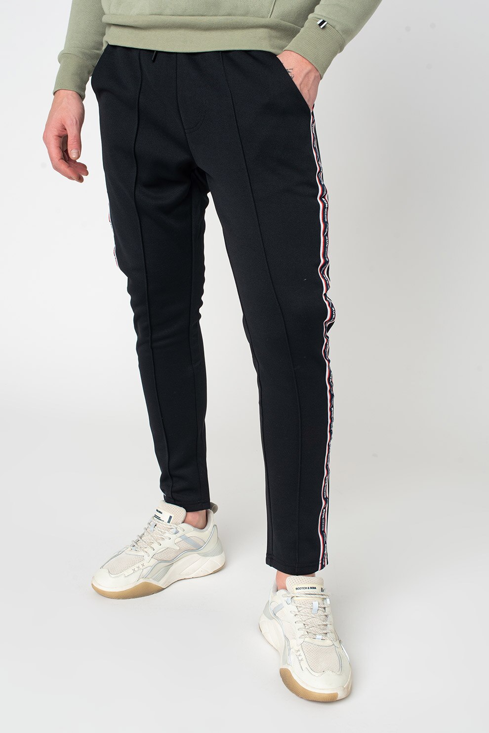 Haily's, Pantaloni cu talie medie si benzi laterale contrastante, Bleumarin inchis