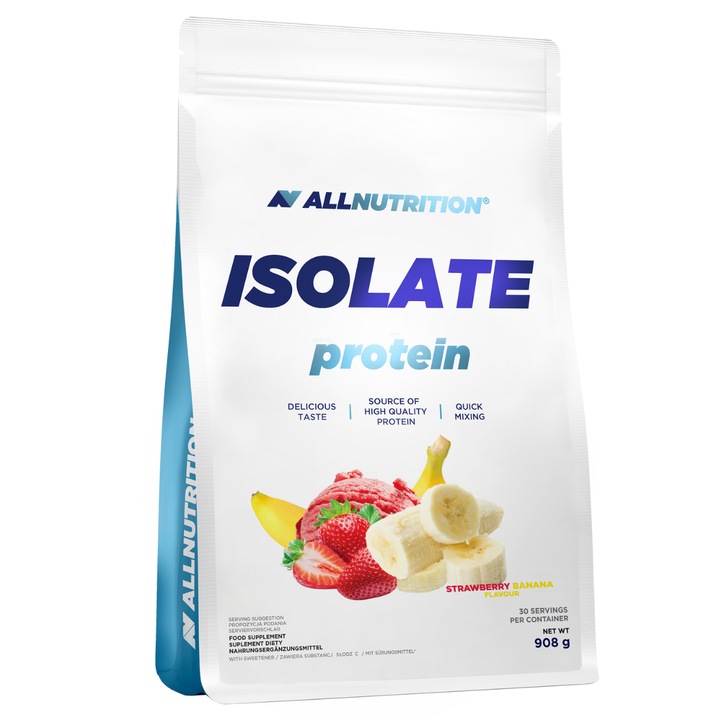 Proteine ALLNUTRITION Isolate Protein, 908g, aroma de banane si capsuni, proteina din zer, pudra proteica