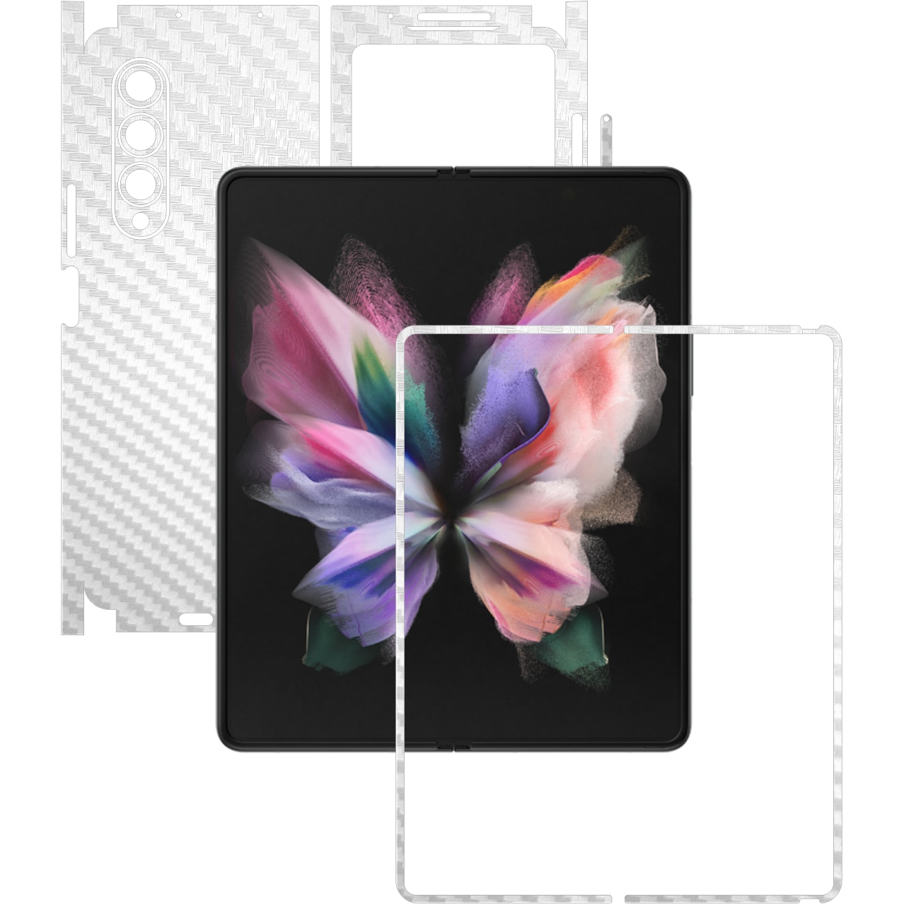 Folie Protectie Carbon Skinz pentru Samsung Galaxy Z Fold3 5G - Carbon Alb 360 Cut, Skin Adeziv Full Body Cover pentru Rama Ecran, Carcasa Spate si Laterale
