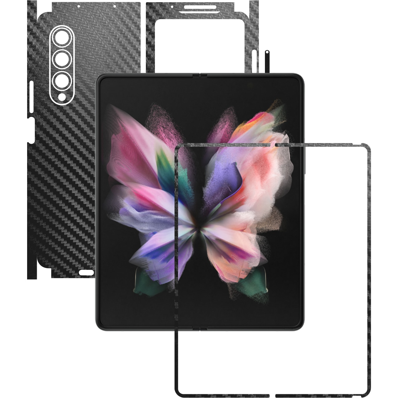 Folie Protectie Carbon Skinz pentru Samsung Galaxy Z Fold3 5G - Carbon Negru 360 Cut, Skin Adeziv Full Body Cover pentru Rama Ecran, Carcasa Spate si Laterale