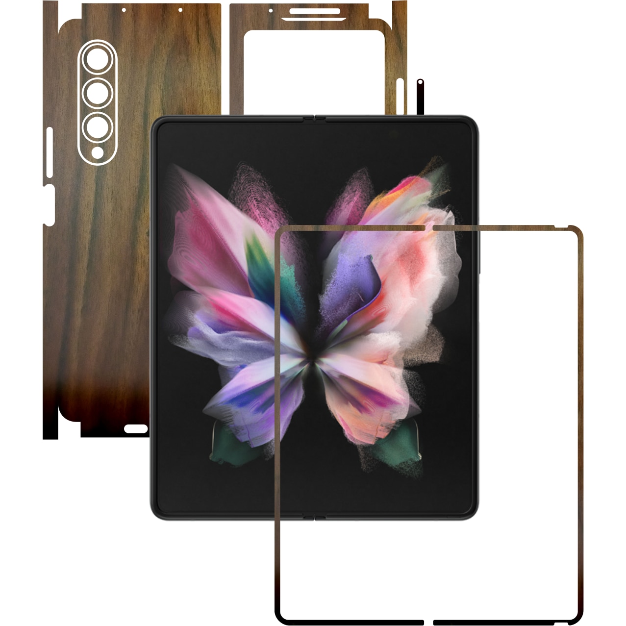 Folie Protectie Carbon Skinz pentru Samsung Galaxy Z Fold3 5G - Lemn Nuc 360 Cut, Skin Adeziv Full Body Cover pentru Rama Ecran, Carcasa Spate si Laterale