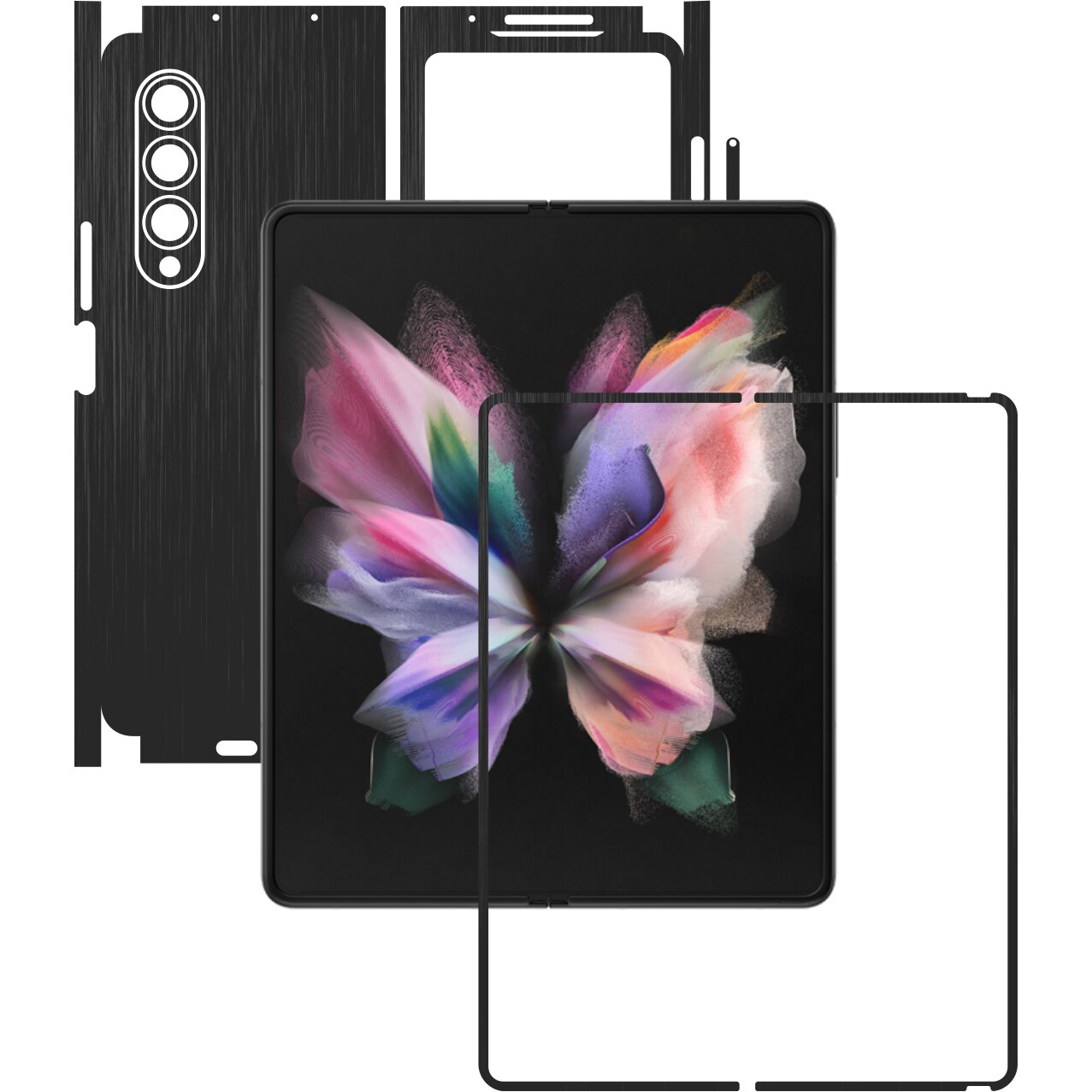 Folie Protectie Carbon Skinz pentru Samsung Galaxy Z Fold3 5G - Brushed Negru 360 Cut, Skin Adeziv Full Body Cover pentru Rama Ecran, Carcasa Spate si Laterale