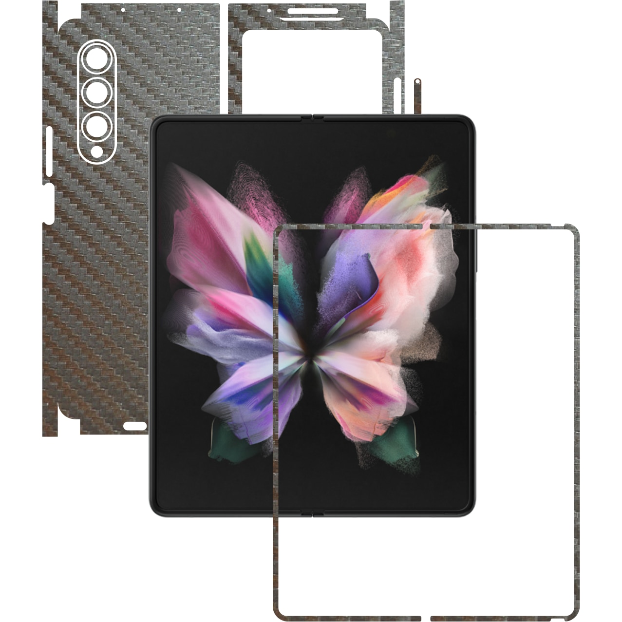 Folie Protectie Carbon Skinz pentru Samsung Galaxy Z Fold3 5G - Carbon Gri Argintiu 360 Cut, Skin Adeziv Full Body Cover pentru Rama Ecran, Carcasa Spate si Laterale