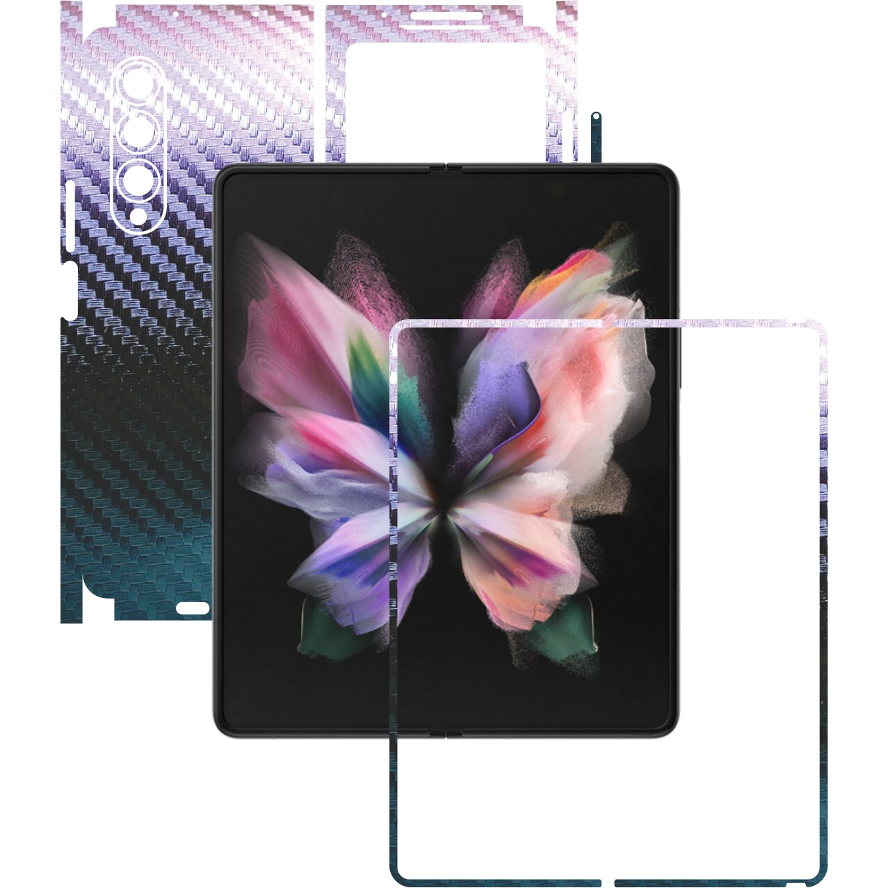 Folie Protectie Carbon Skinz pentru Samsung Galaxy Z Fold3 5G - Carbon Cameleon 360 Cut, Skin Adeziv Full Body Cover pentru Rama Ecran, Carcasa Spate si Laterale