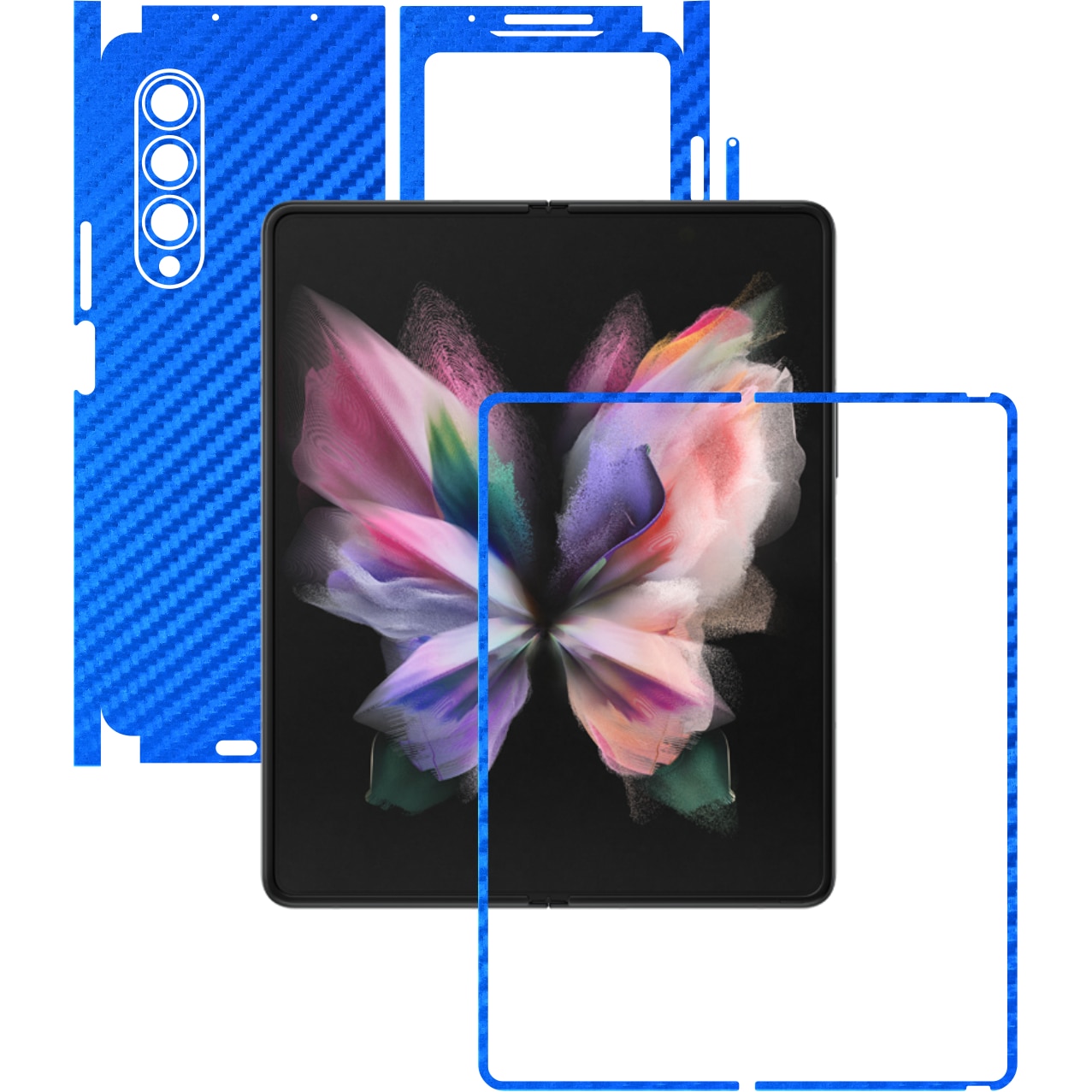 Folie Protectie Carbon Skinz pentru Samsung Galaxy Z Fold3 5G - Carbon Albastru 360 Cut, Skin Adeziv Full Body Cover pentru Rama Ecran, Carcasa Spate si Laterale